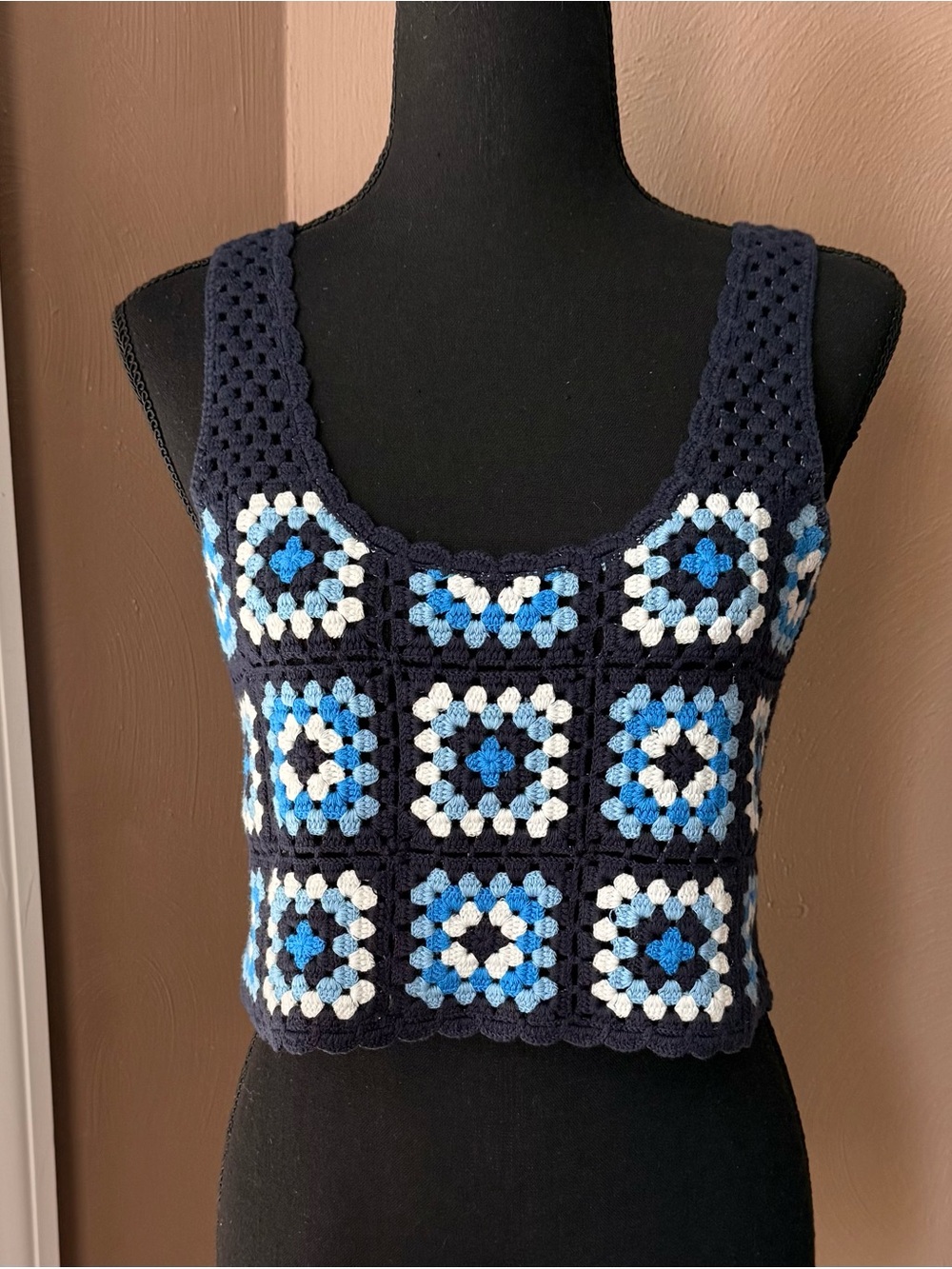 Sincerly Jules Navy Crochet Square Tank with Blue & White Accents